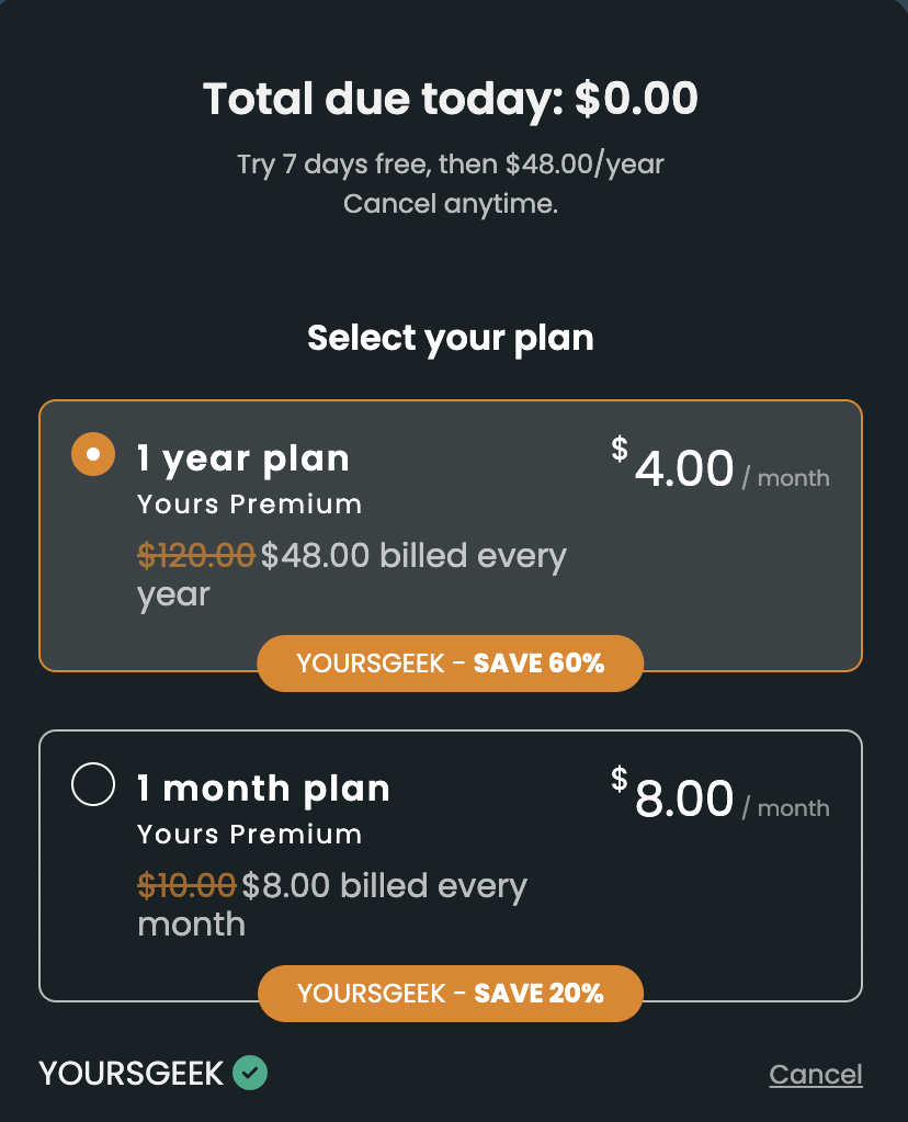 YoursApp pricing page