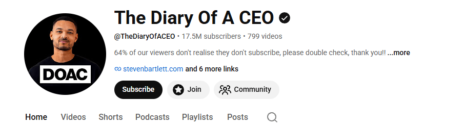 The Diary Of A CEO YouTube channel homepage.