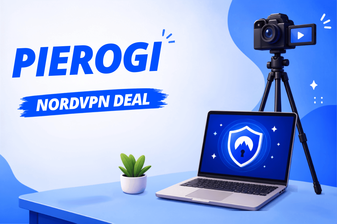 Pierogi NordVPN deal graphic with a laptop displaying a security shield, camera on tripod, play button, and tech creator workspace.