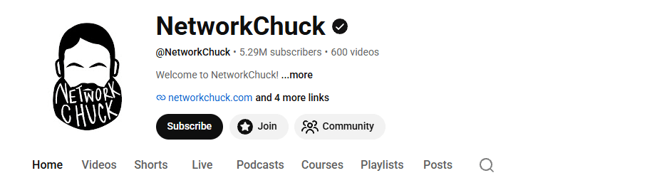 NetworkChuck YouTube channel homepage