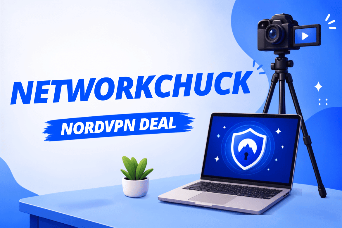 NetworkChuck NordVN deal graphic with a laptop displaying a security shield, camera on tripod, play button, and tech creator workspace