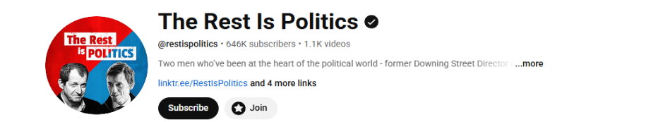 The Rest Is Politics YouTube channel homepage.