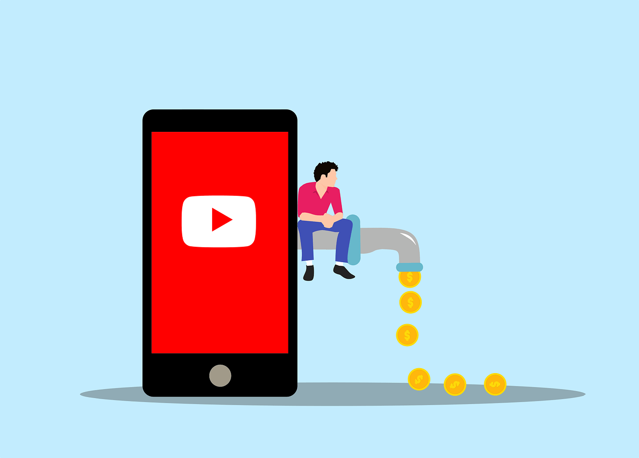 an illustration of a phone with red background and youtube logo, and a man, sitting on a tap coming from the phone. there are coins coming out of the tap, representing monetisation and ads