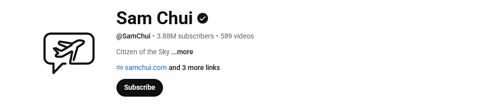 Sam Chui YouTube channel homepage.