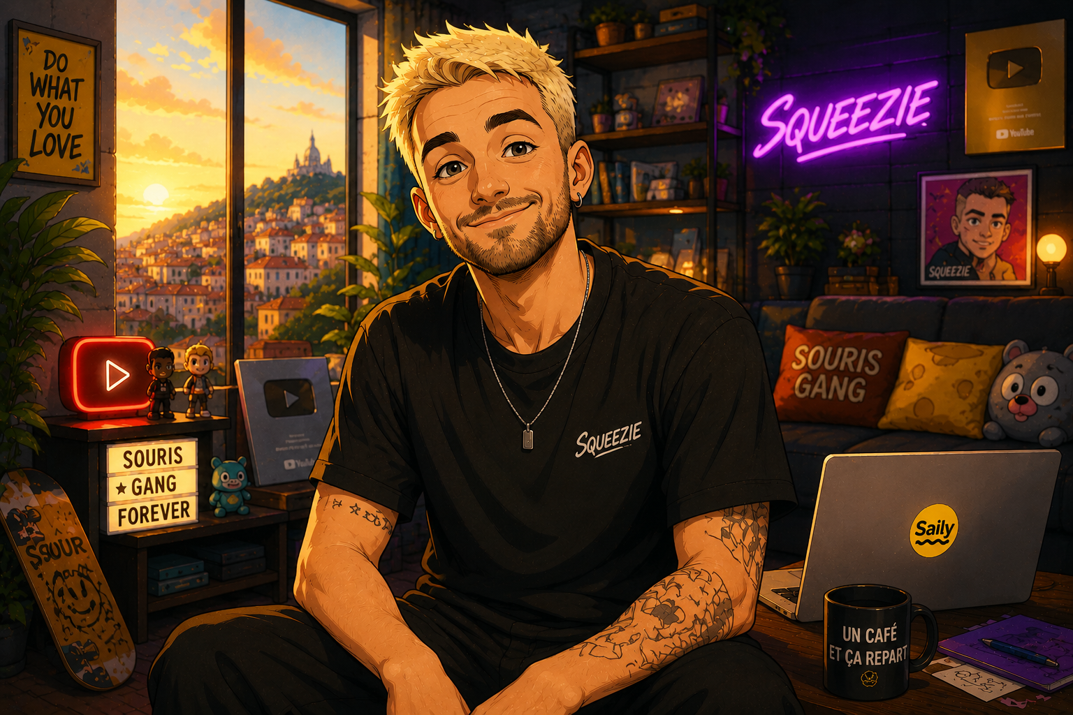 YouTuber Squeezie sitting in a cozy creator studio