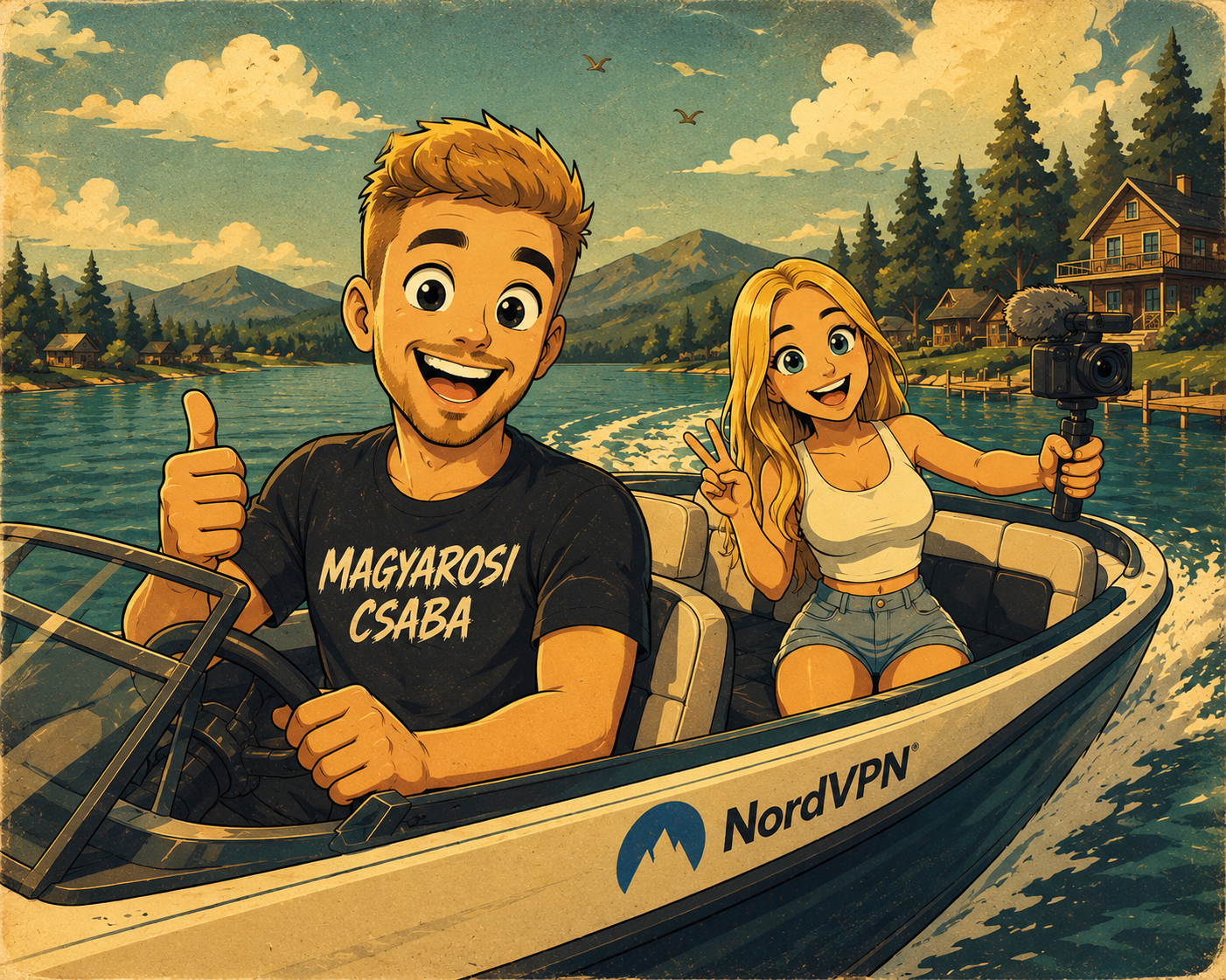 Influencer Magyarósi Csaba riding a NordVPN boat with his girlfriend
