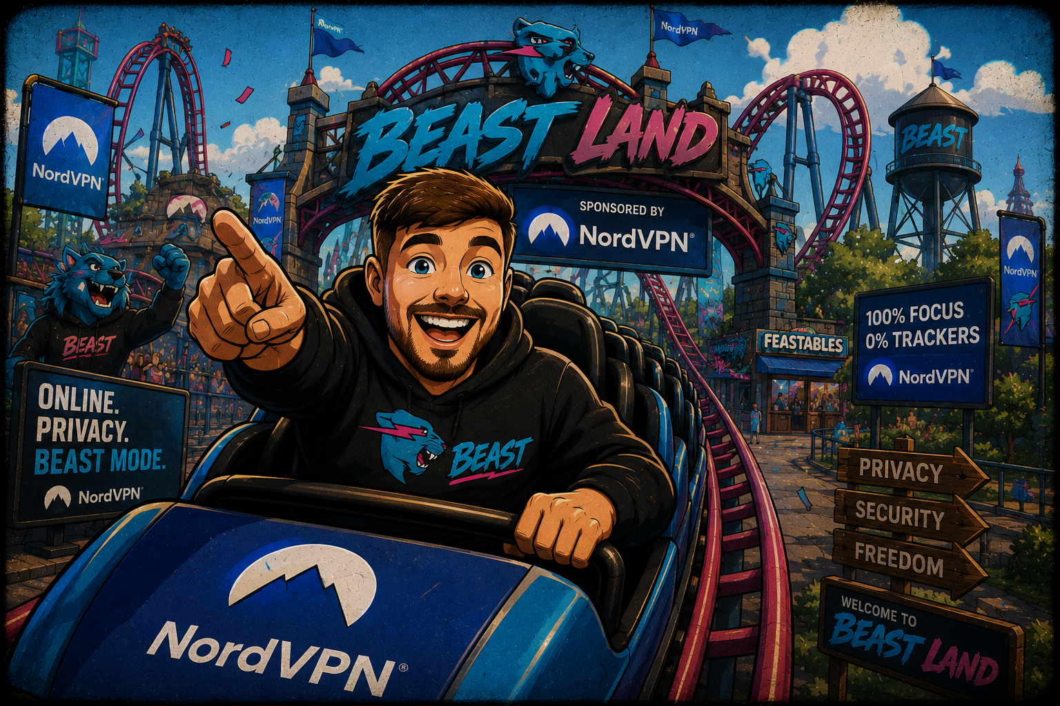 MrBeast riding a NordVPN rollercoaster