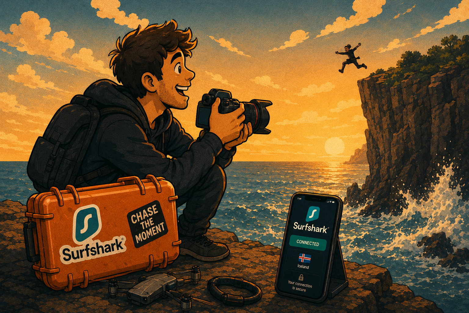 YouTube creator HOOK photographing a cliff jump at sunset with Surfshark gear