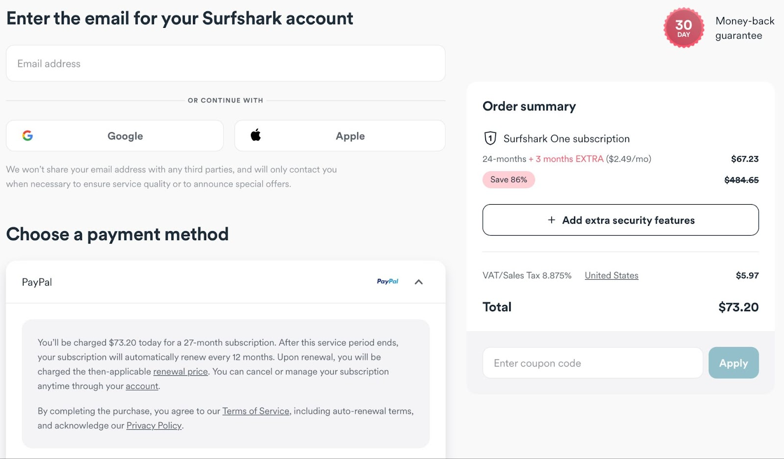 Surfshark checkout page with "sharkgeek" code applied.
