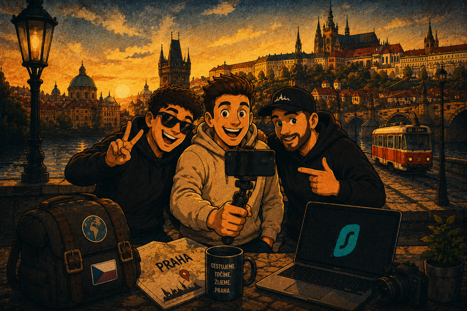 Illustration of Kluci Z Prahy vloggers filming a selfie in Prague at sunset.