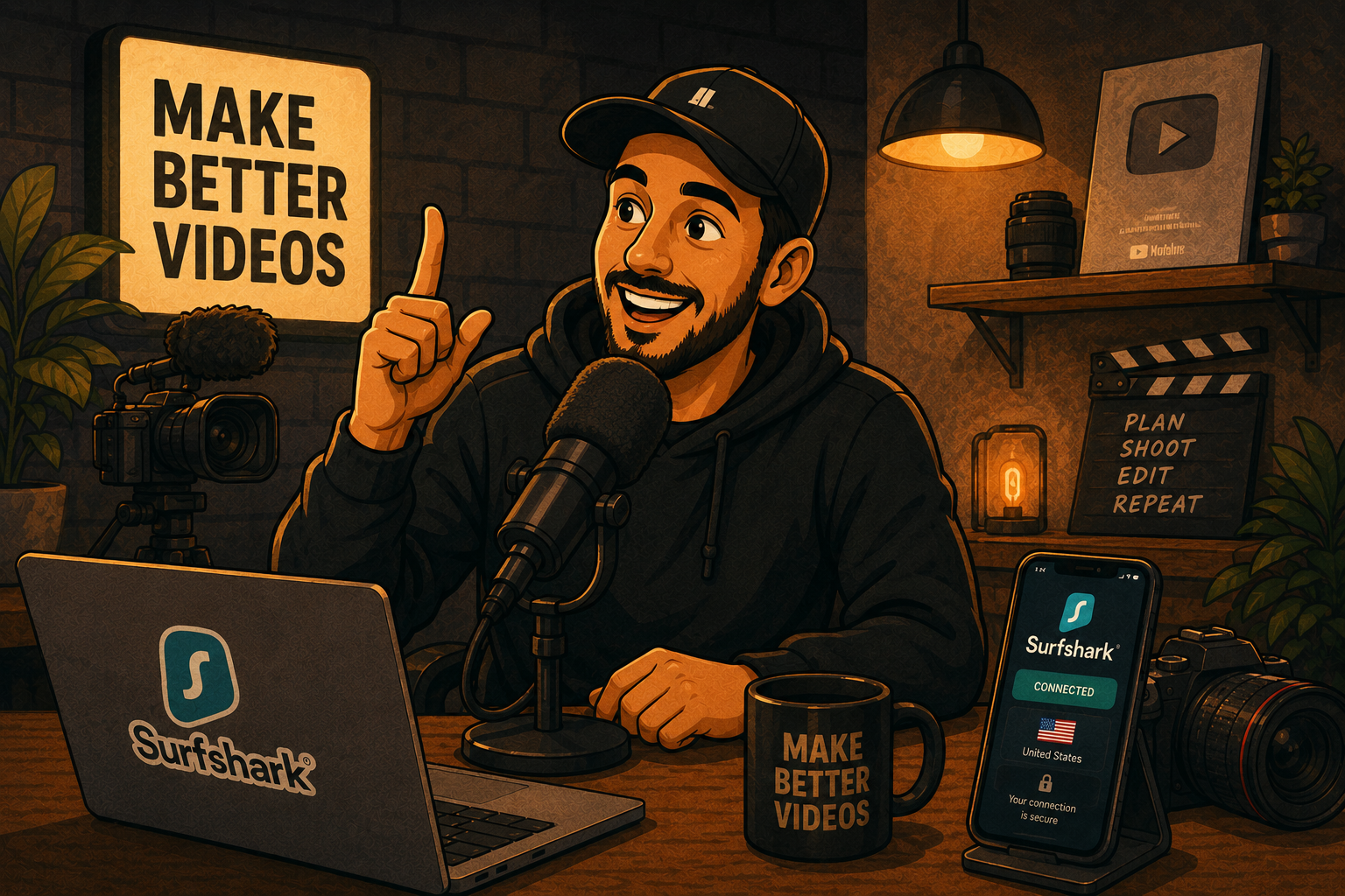 Video creator Mike's Mic recording at a mic with “MAKE BETTER VIDEOS” and Surfshark branding.