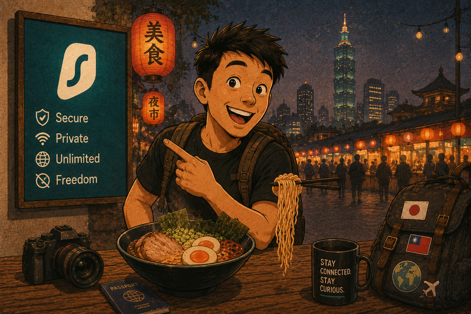 Mikey Chen promotes Youtuber Surfshark deals at a Taipei ramen night market
