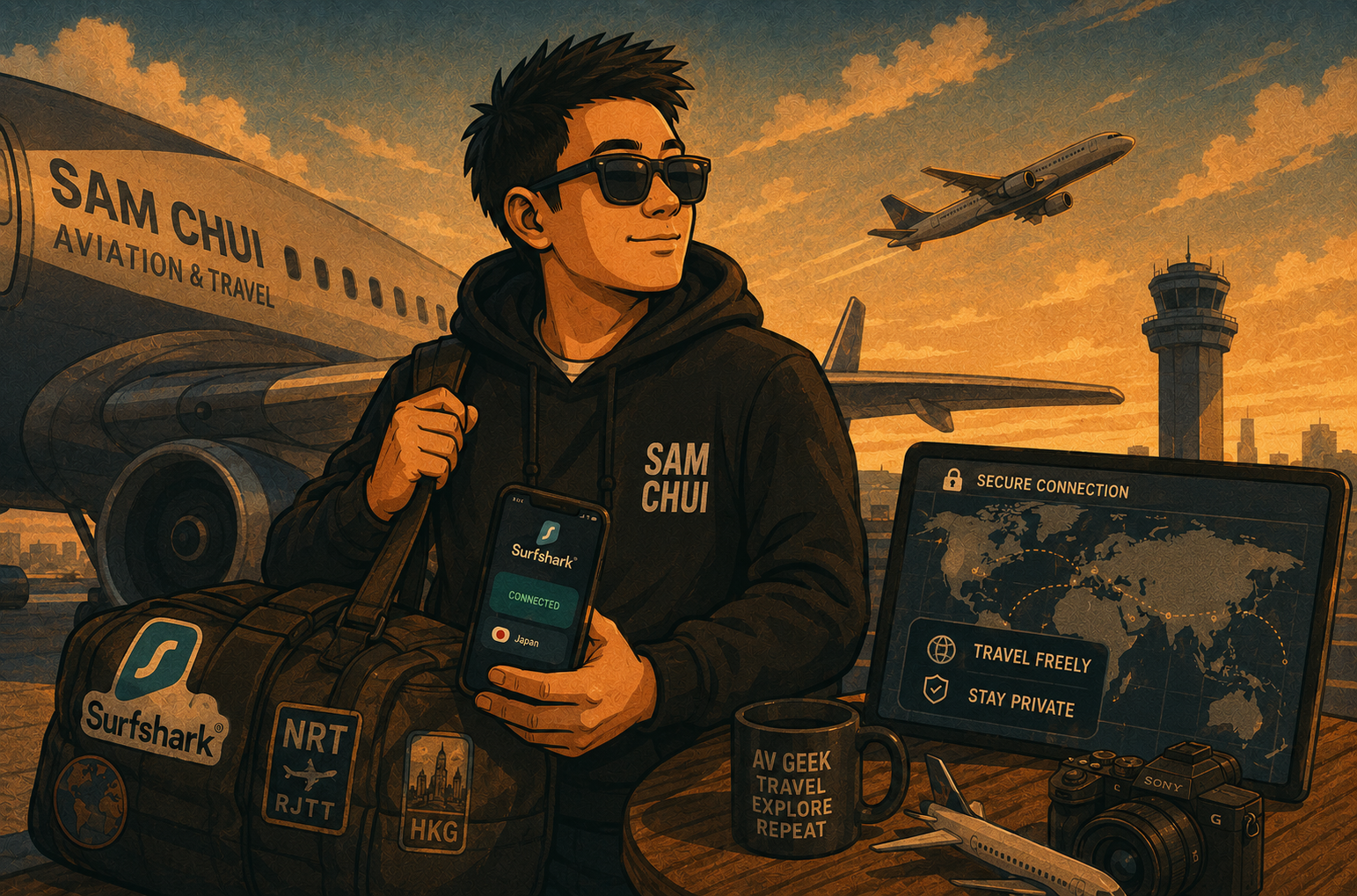 YouTuber Sam Chui standing with a laptop and suitcase