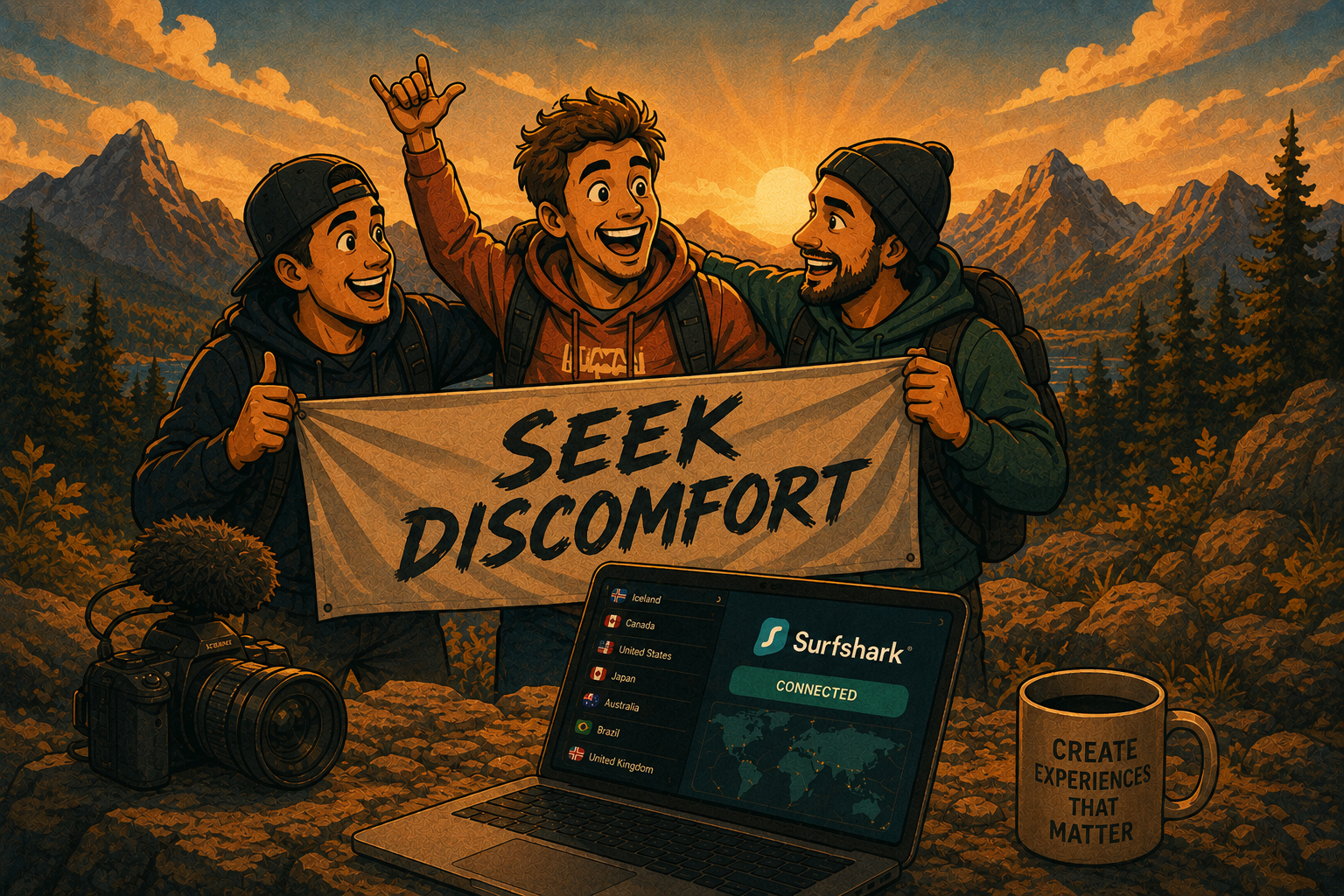 Travel YouTubers Yes Theory holding a “SEEK DISCOMFORT” banner in the mountains.