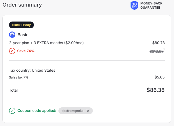 NordVPN checkout Screen 74% off with tipsfromgeeks coupon