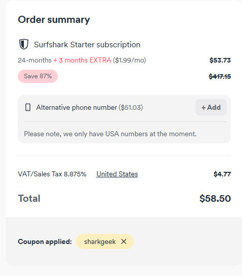 Surfshark black friday checkout screen after applying "sharkgeek"lcoupon
