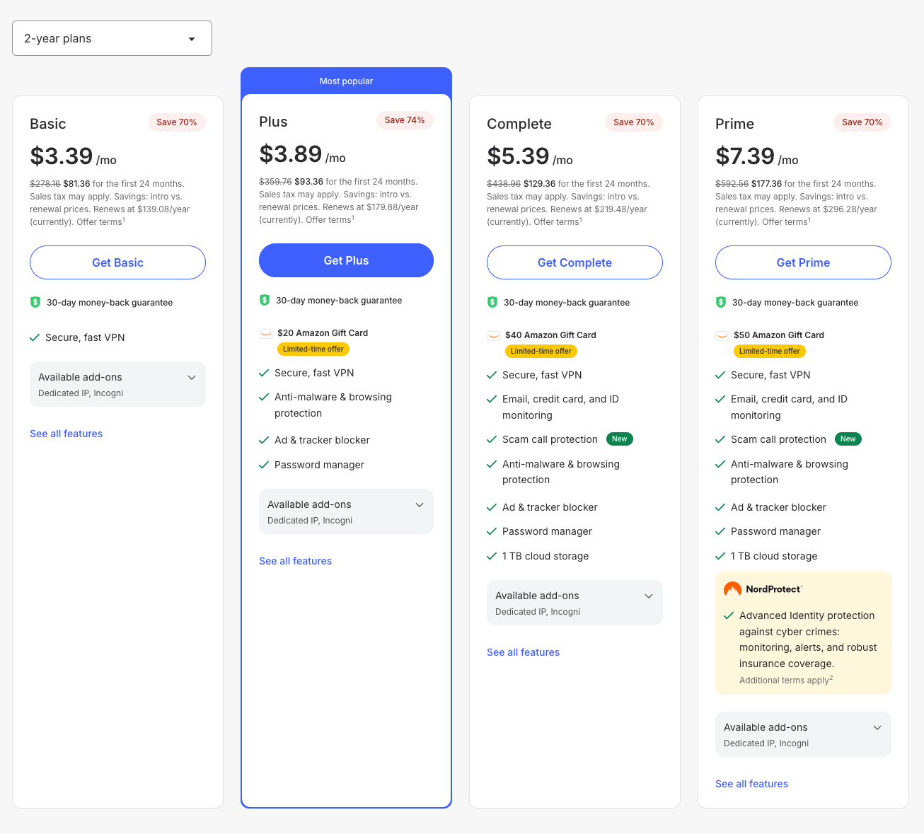 NordVPN 2-year plans with features and price comparison