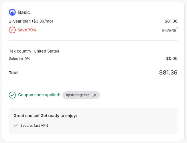 NordVPN checkout screen after applying a "tipsfropmgeeks" coupon
