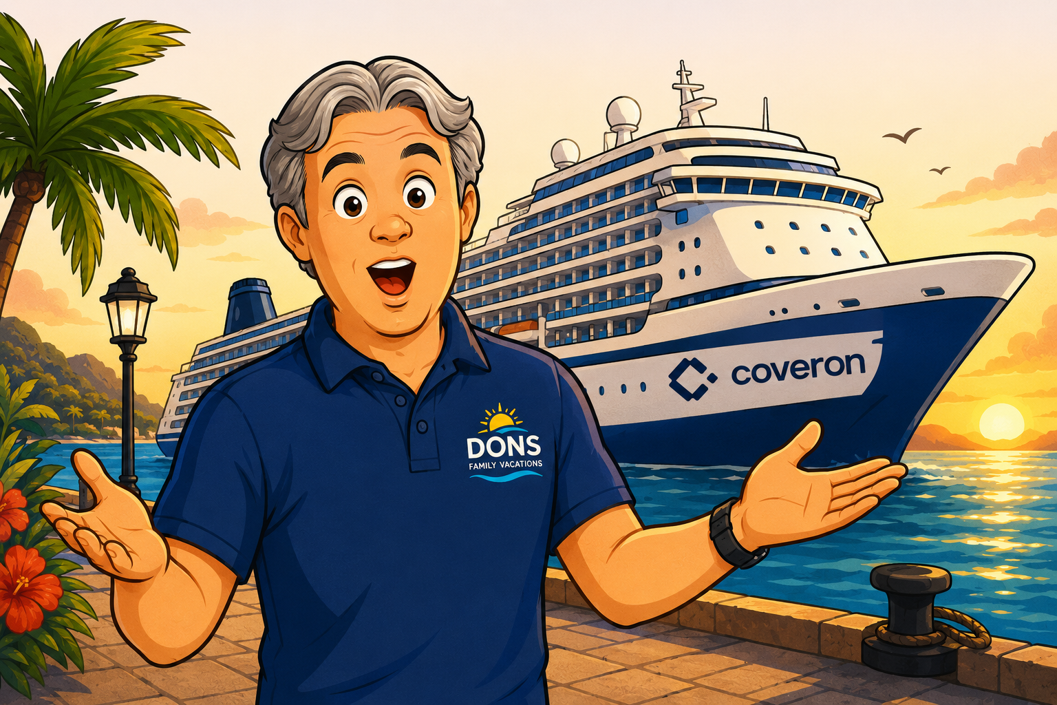 Travel influencer Dons Family Vacations next to a Coveron cruise ship