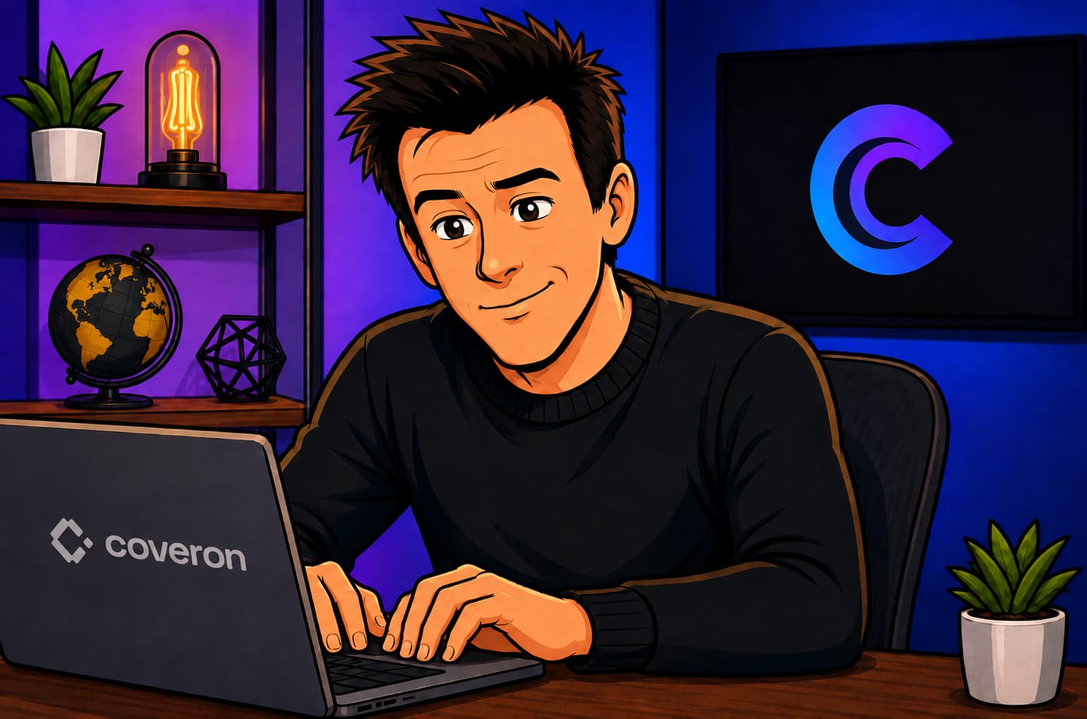 Philip DeFranco typing into a computer with a Coveron logo